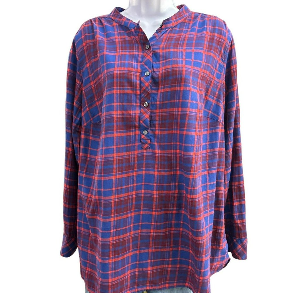 Talbot's Women's Red Blue Plaid Long Adjustable Sleeve Plus Size Blouse Size 1X